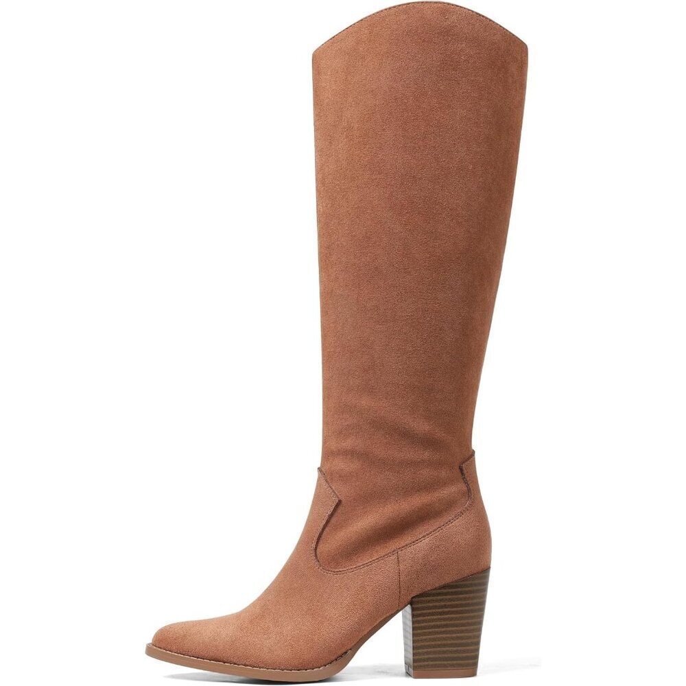 Womens Suede Lightbrown Side Zipper Knee High Pointed Toe Chunky Heel Tall Boots